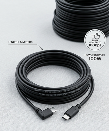 Thunderbolt Pro 5M L-Shaped USB-C to USB-C Cable (10Gbps Super High Speed, 100W Power Delivery)